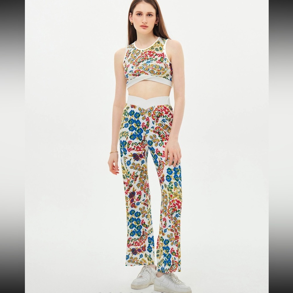 Cider Multicolor Floral boho Crop Top and Wide leg pant set Outfit Sz L
